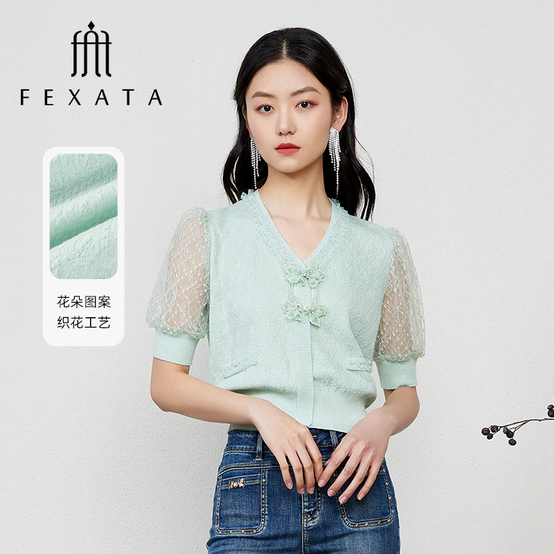 【小朱专属】FEXATA斐格思气质国风中式盘扣网纱袖针织衫