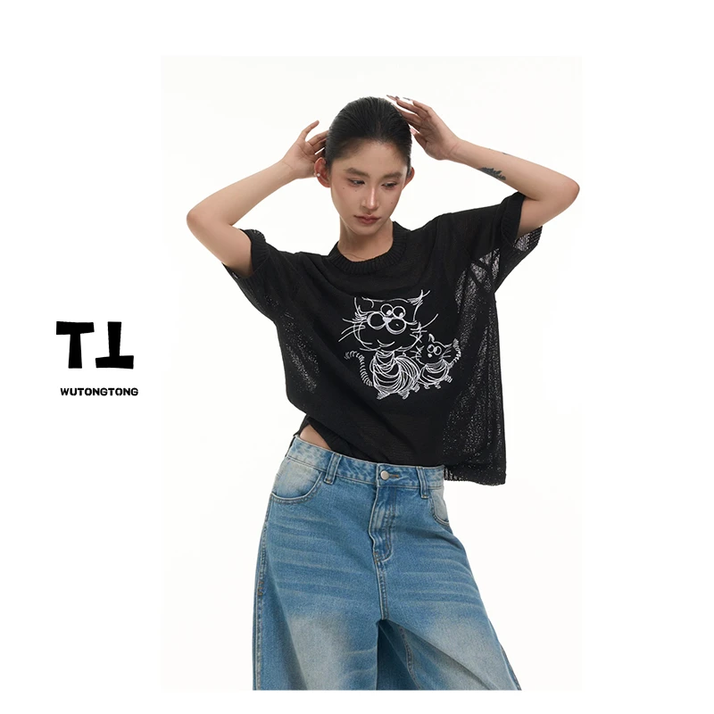 吴童童现货【潦草小猫】夏季宽松短袖针织罩衫女韩版休闲上衣62500