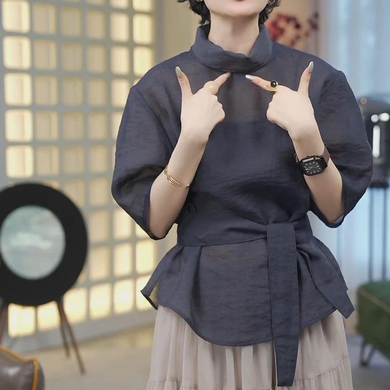 韩系立领中袖绑带衬衫女2025夏季新款设计感收腰显瘦气质短袖上衣