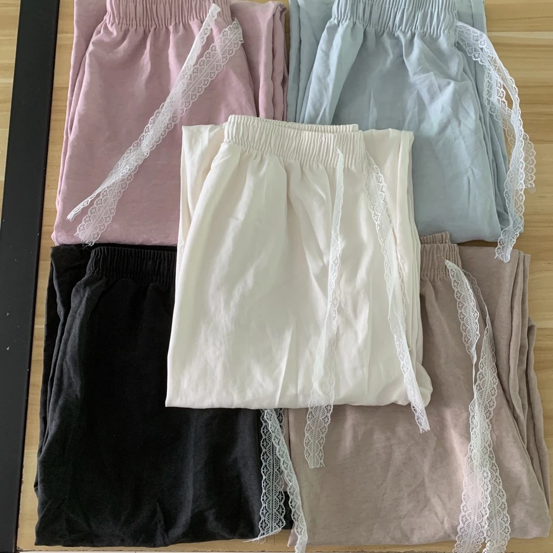 慵懒风蕾丝飘带高腰显瘦阔腿休闲裤夏季新款女百搭垂感拖地长裤