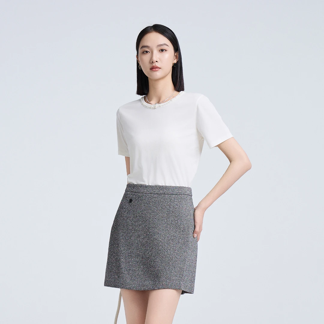 恩家秋通勤显瘦圆领套头百搭轻职风短袖T恤时尚ESQT6A537