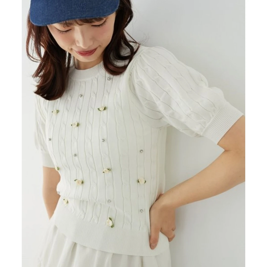 【小E家】 M 夏季新款 休闲甜美立体玫瑰水钻圆领上衣