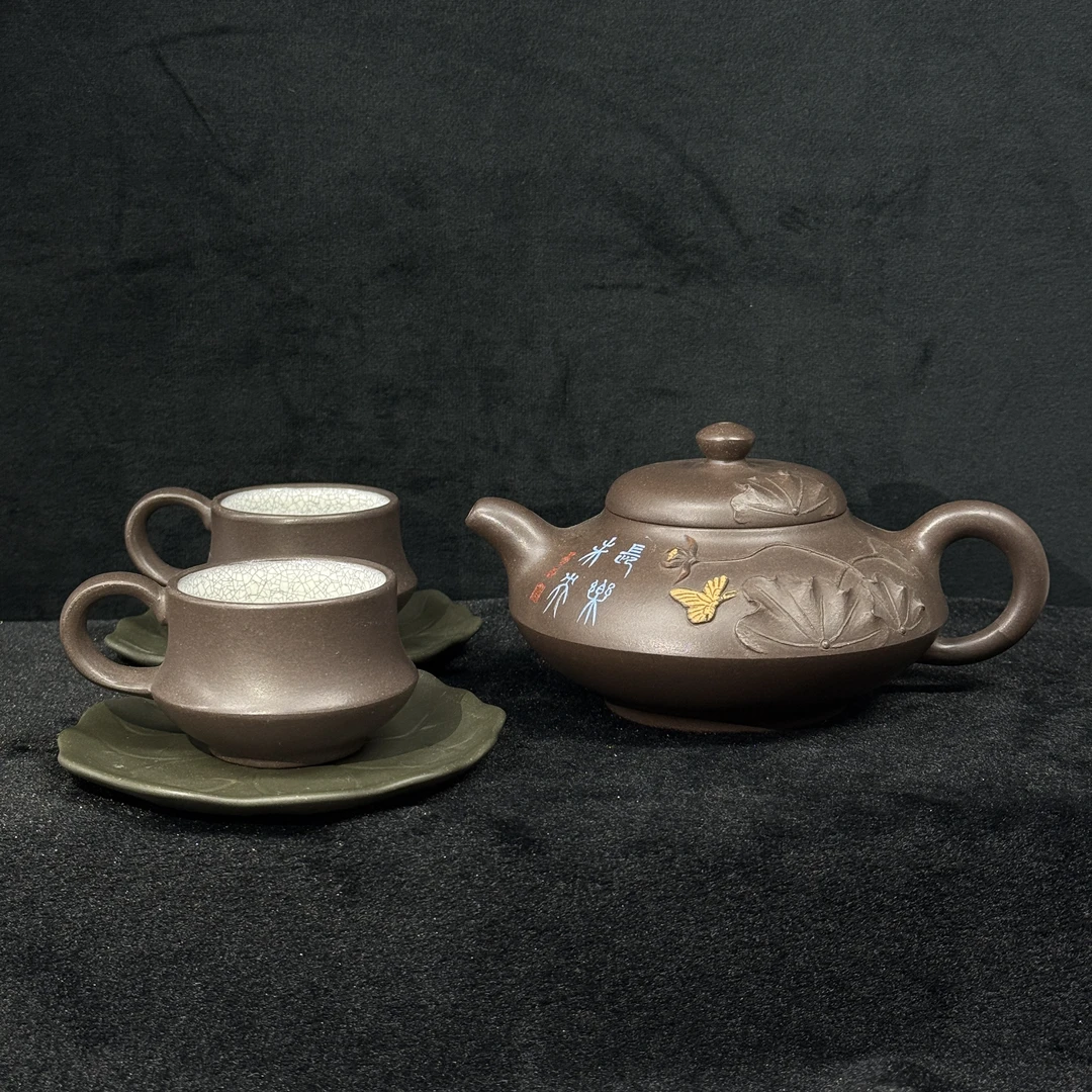 37/JXK049/蒋锡坤/紫砂壶合欢套组/深井老紫泥