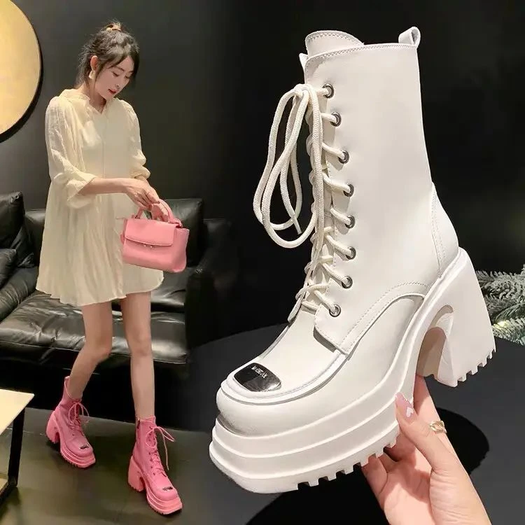 真皮小个子增高短靴女2023年新款秋冬单靴系带超高跟厚底马丁靴潮