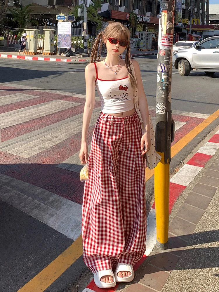 甜美个性流行百搭直筒红色慵懒风格子春季新款甜妹复古高腰休闲裤