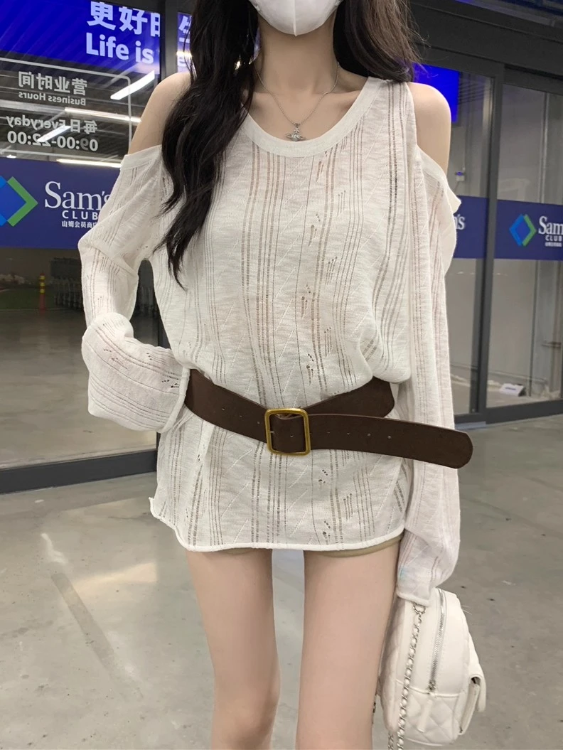 纯欲设计感镂空露肩长袖针织衫女秋季宽松防晒罩衫慵懒松弛感上衣