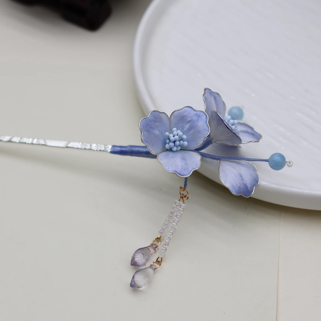 青花瓷簪子掐丝绒花头饰汉服发饰国风盘发发簪发钗