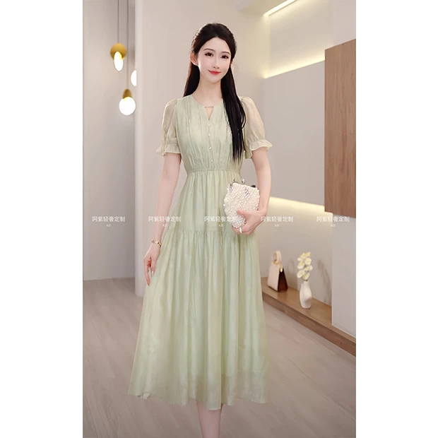 L561【阿紫专属】短袖V领连衣裙女夏新2025气质仙女裙收腰显瘦A字裙
