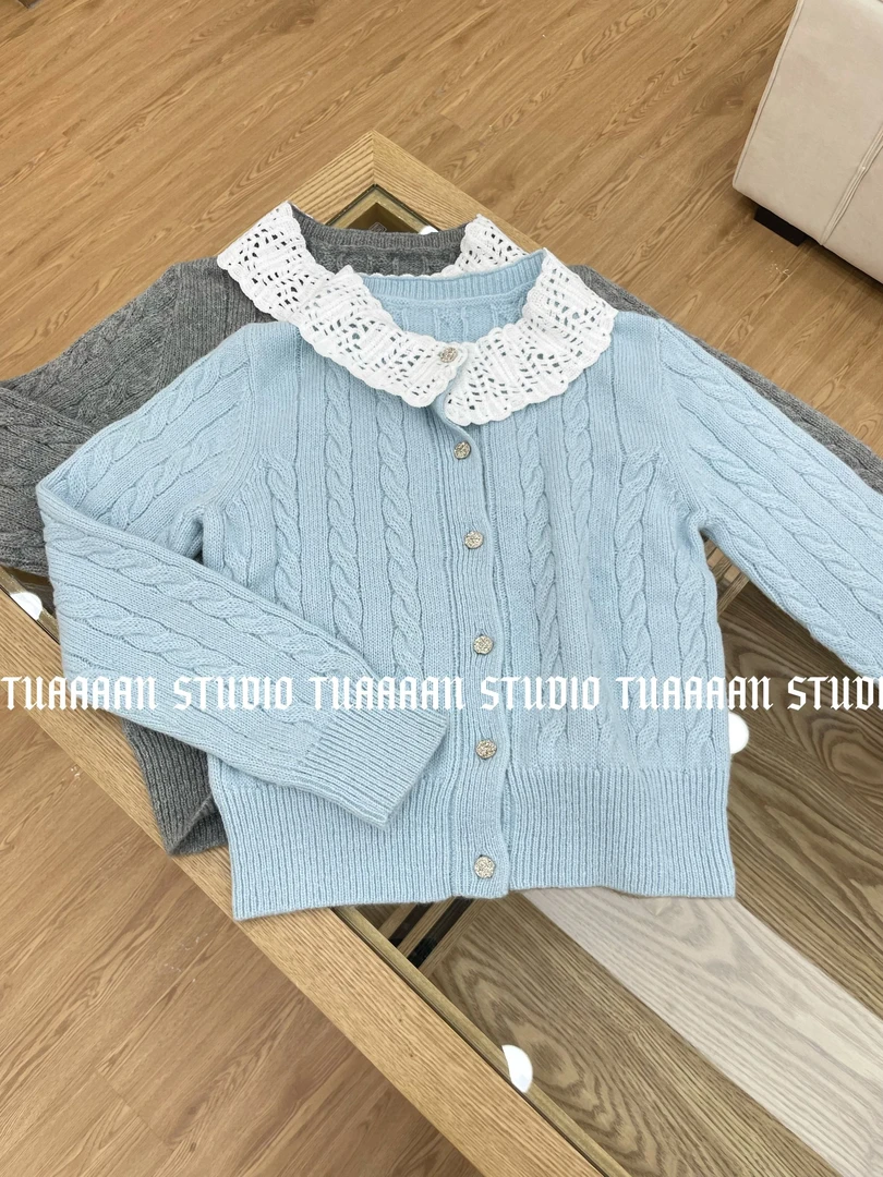 TUAAAAN"西洋茶会"秋冬娃娃领设计麻花纹路满印开衫#TT2595