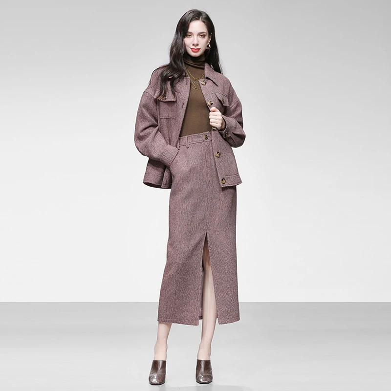 DF-新款翻领落肩工装风贴袋毛呢外套高腰长款半裙套装DC10134337