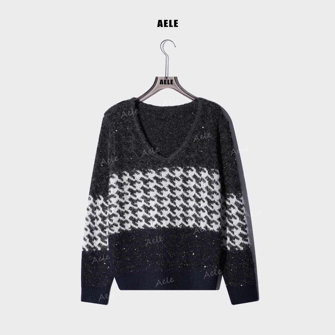 AELE【千鸟格】宽松圆领长袖拼色亮片套头针织衫毛衣 X853 3175 AD