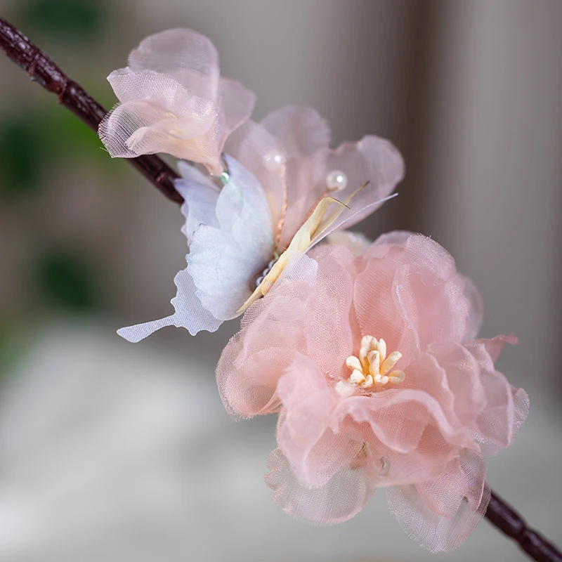 新中式发饰粉色蝴蝶雪纱发夹边夹少女复古汉服配饰头饰