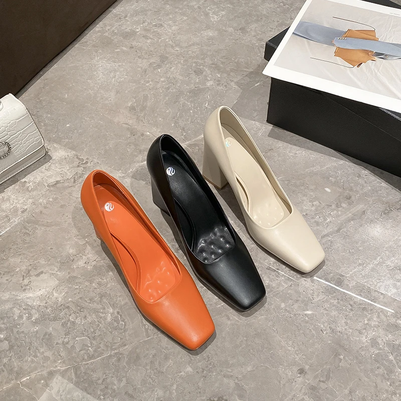 2025年春秋新款网红方头粗跟高跟性感浅口简约百搭时装不累脚单鞋