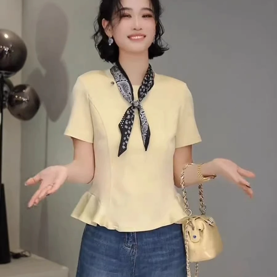 2025春夏季小众简约圆领t恤上衣下摆拼接荷叶边设计感短袖T恤衫潮