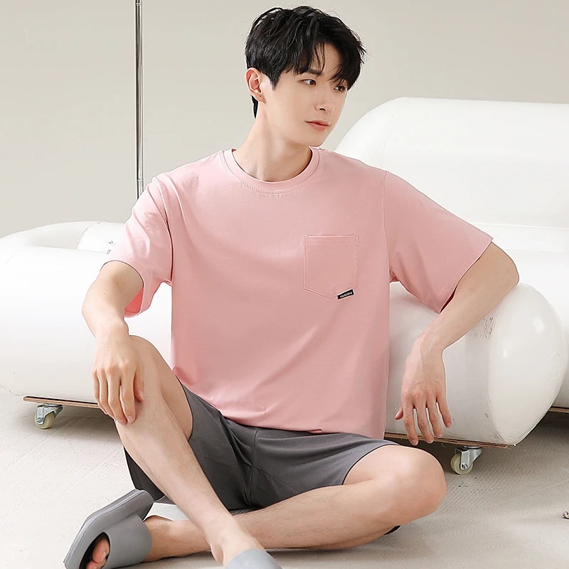 不闷热家居服套装中年睡衣青年纯色宽松圆领休闲短裤夏天薄款夏季