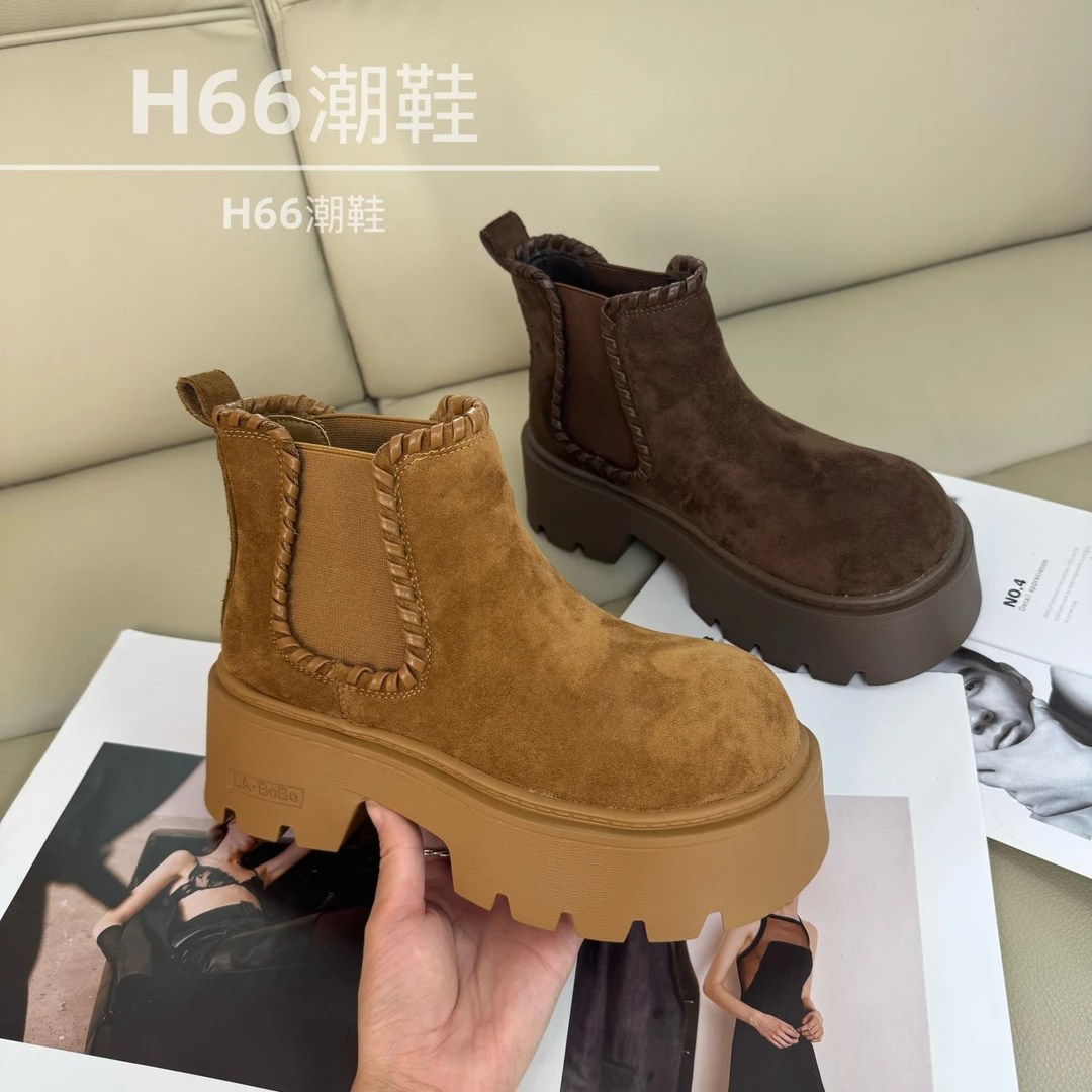 欧货2025秋季新款短靴女磨砂真皮一脚蹬松糕厚底增高短靴