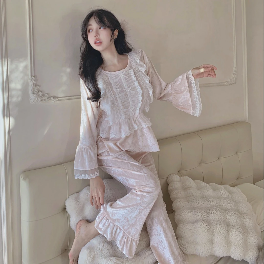 【金丝绒】2025秋冬新款睡衣法式金丝绒甜美荷叶边公主风家居服春秋