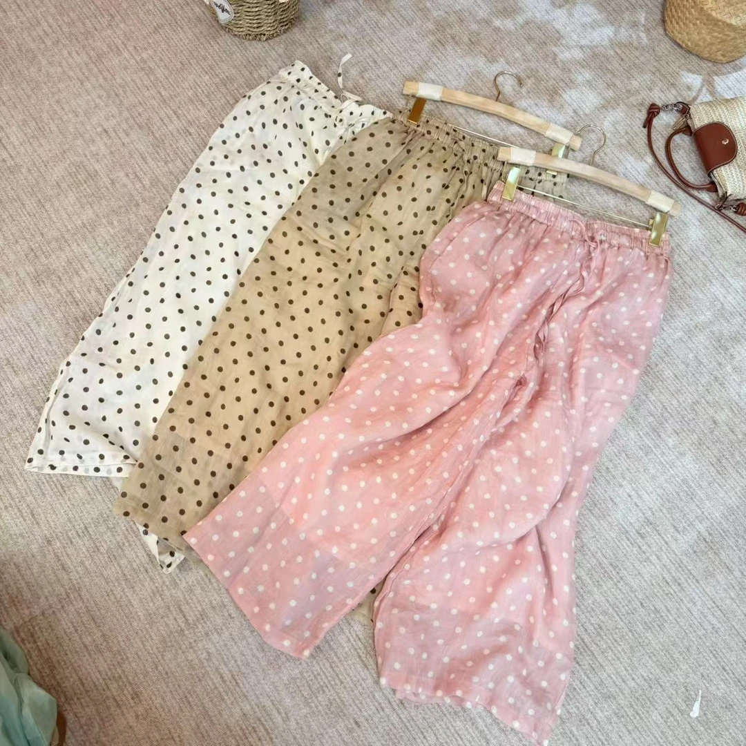 国风中式波点苎麻休闲裤女2025夏季新款时尚百搭女式松紧腰直筒裤