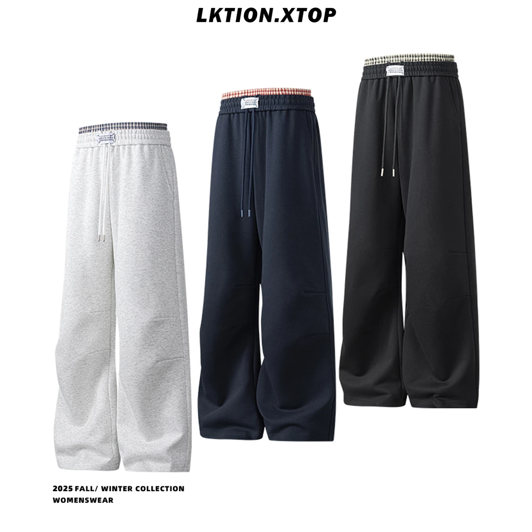 LK正品 痞帅潮秋季新款格纹拼接休闲百搭宽松休闲长裤男