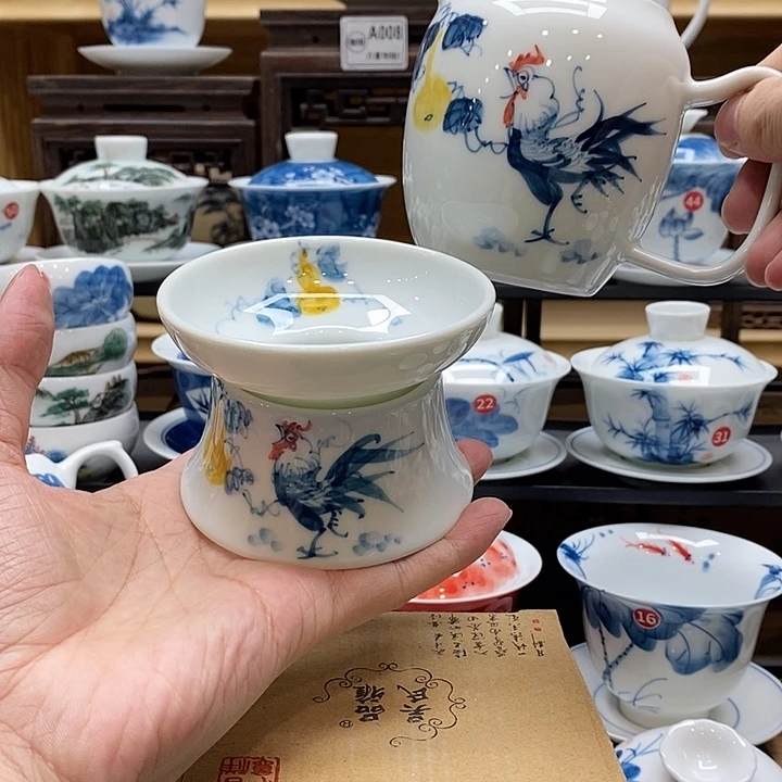 手绘公鸡茶漏➕公鸡公道杯260cc釉下彩微瑕福利款