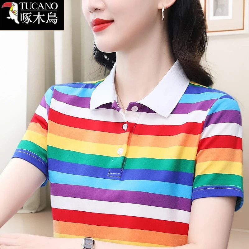 啄木鸟条纹拼色短袖T恤女2025年新款运动POLO领夏季洋气百搭上衣