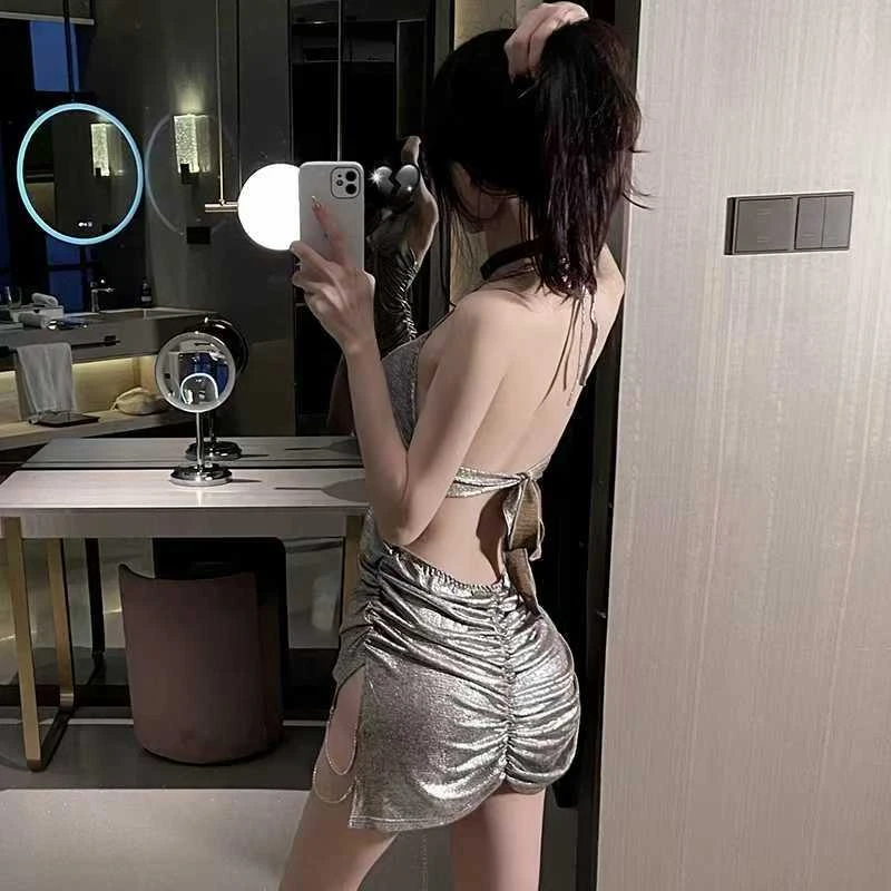 「法式」内衣性感深V闪片睡衣网红夜店链条睡裙家居服套装