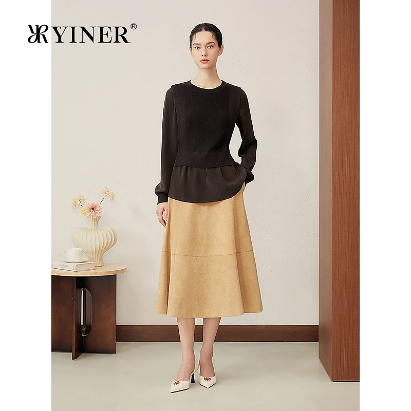 YINER音儿2025秋季新款美丽诺羊毛混纺智感拼梭假两件显瘦针织衫