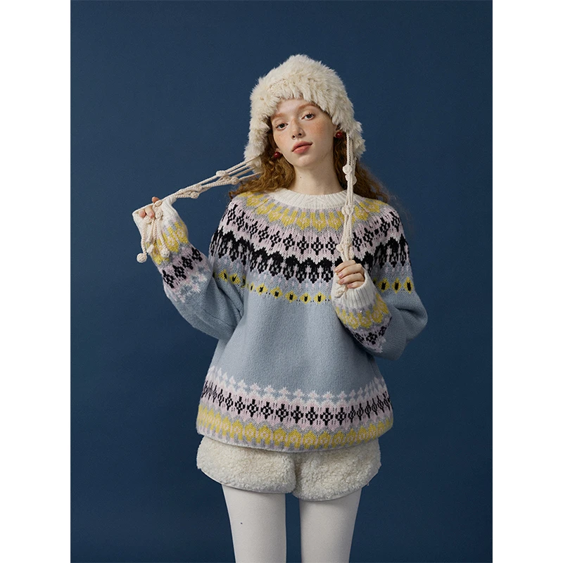 猫酱紫氛围感费尔岛毛衣女秋冬慵懒软糯圆领针织上衣