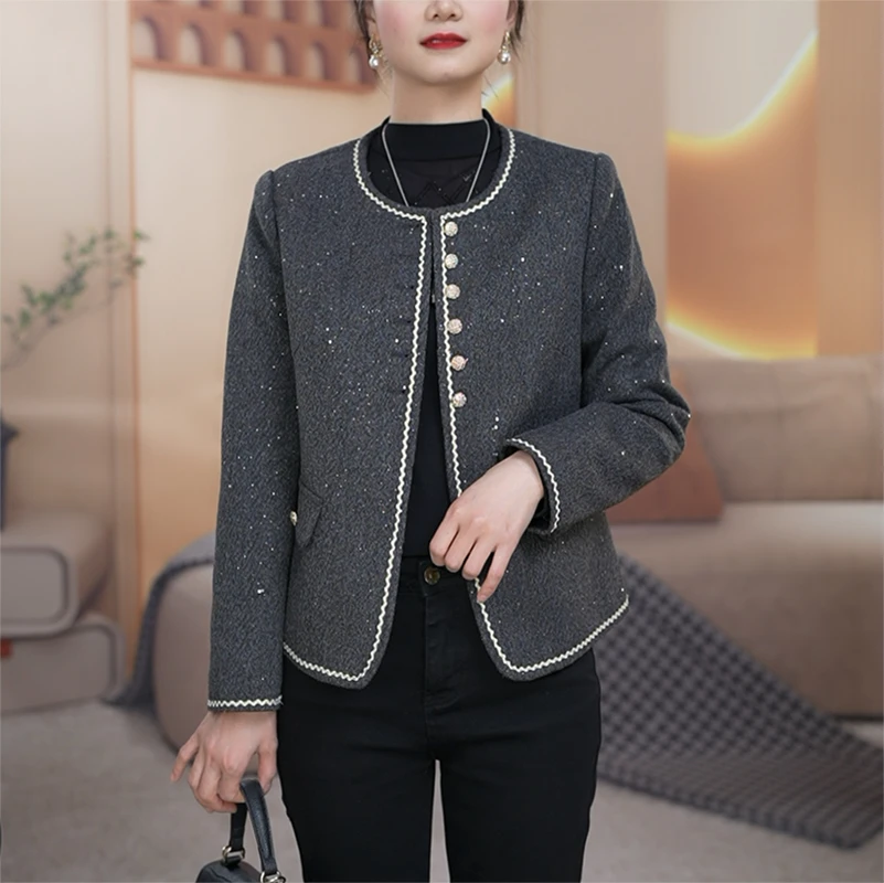 【衣品沫尔】2025年春季新款亮片短款小香风外套优雅粗花呢轻奢外套
