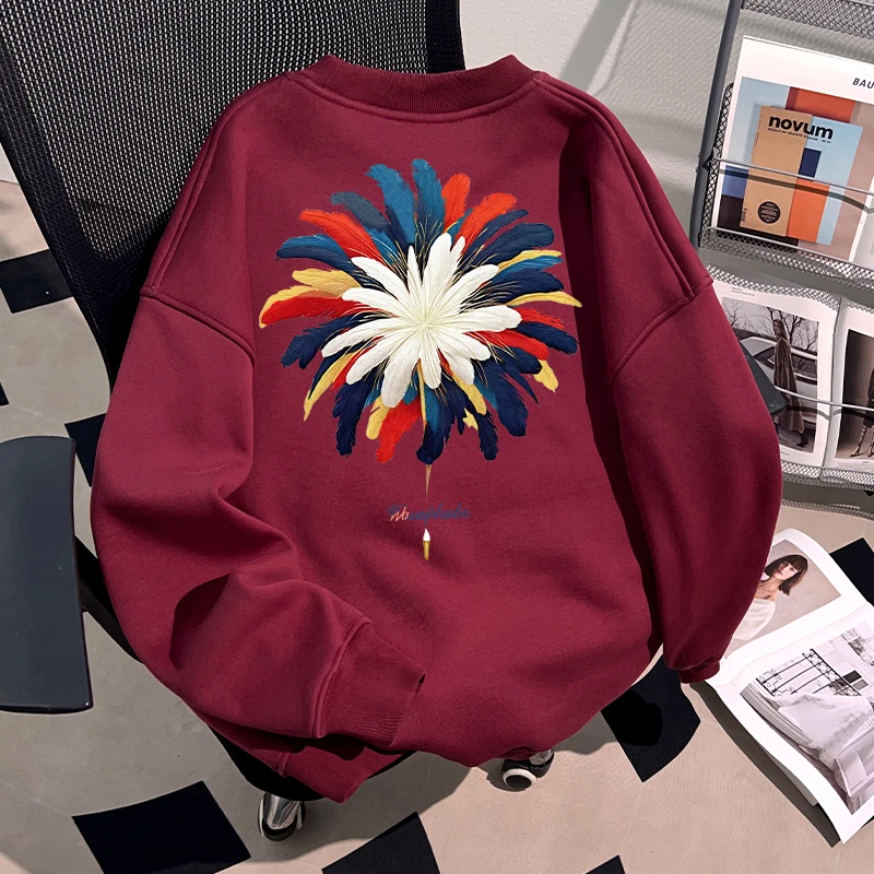 WASSUP HSUBE酒红色潮牌美式ins情侣圆领卫衣秋冬季重磅休闲上衣