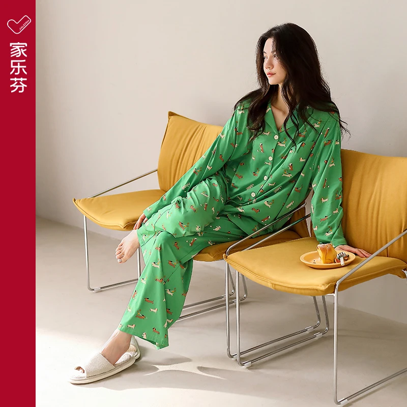 家乐芬睡衣女士春秋款莫代尔长袖长裤家居服休闲卡通大码开衫套装