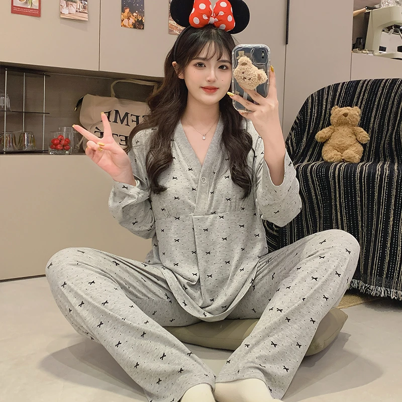 带胸垫莫代尔月子服春夏季薄款产后孕妇睡衣哺乳衣大码家居服套装