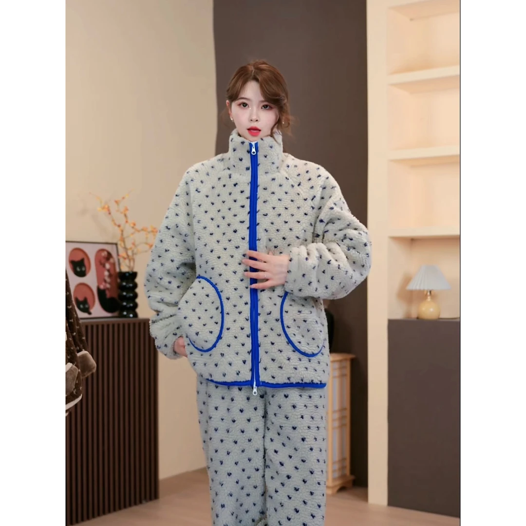 【2025拉链款】冬季加绒加厚家居服韩版爱心波点双层可外穿睡衣套装