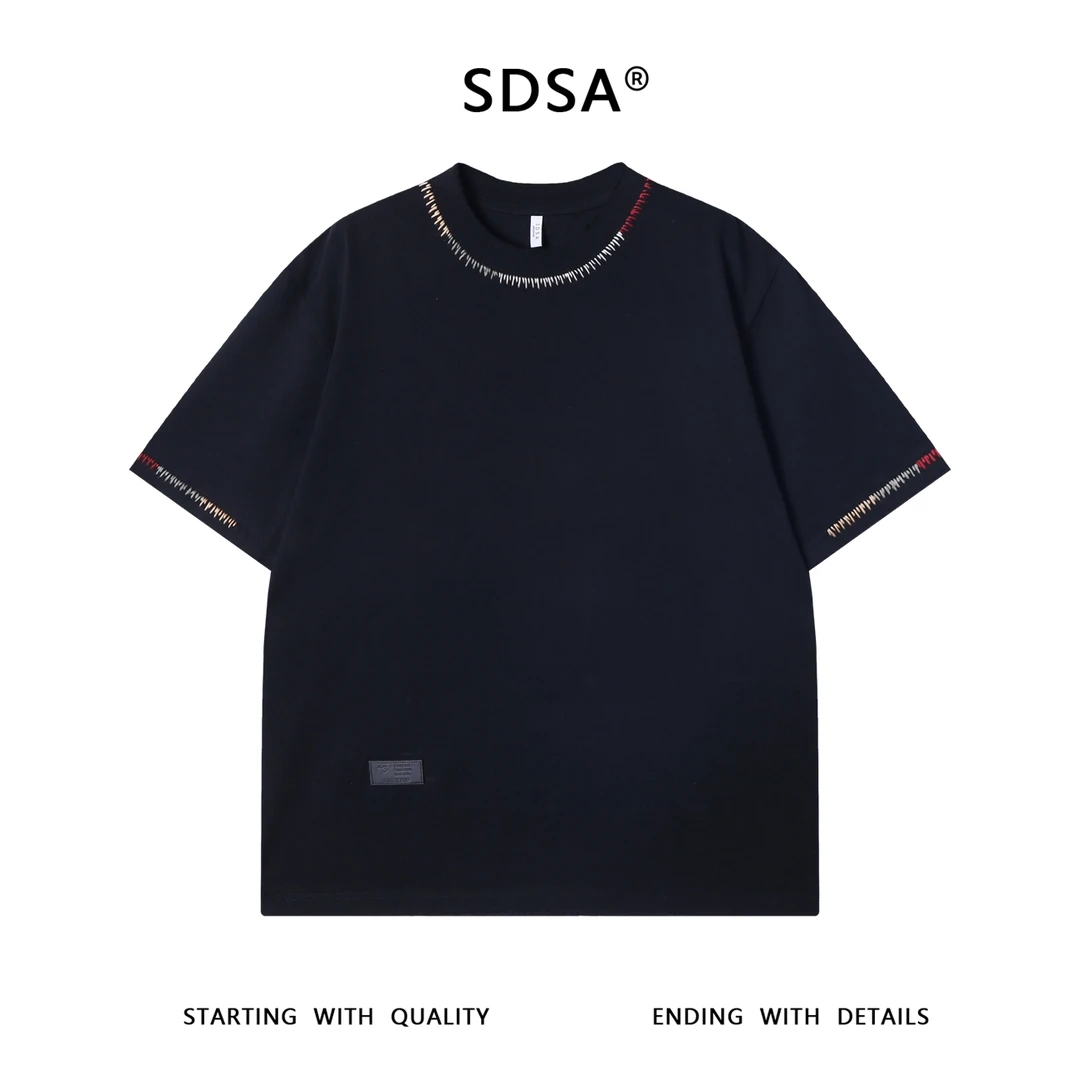 夏季高级感新款潮牌设计感缝线磨边圆领短袖T恤潮流时尚套头上衣