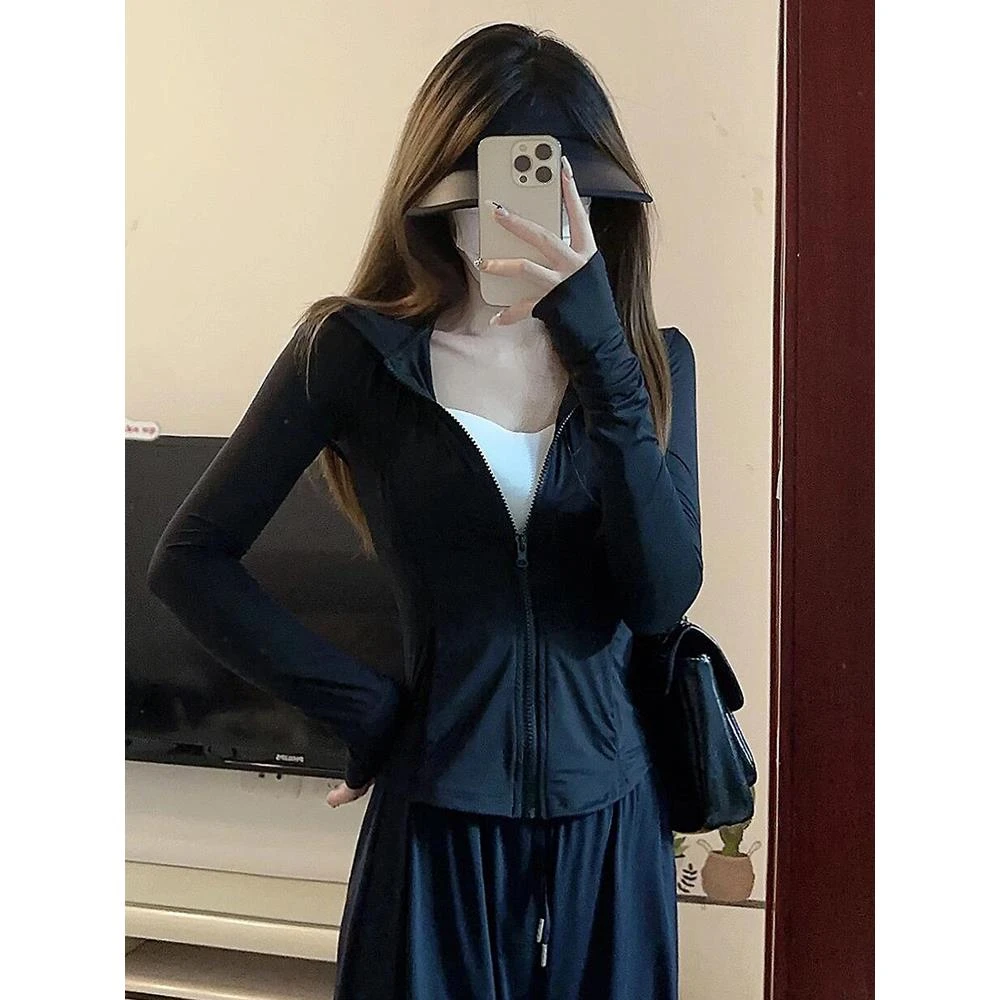 黑色防晒衣女款夏2024新款修身显瘦防紫外线开衫薄款凉凉瑜伽外套