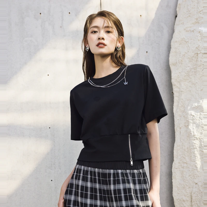 婉甸2025夏季新品黑色短袖T恤圆领链条五分袖1242T04SX1