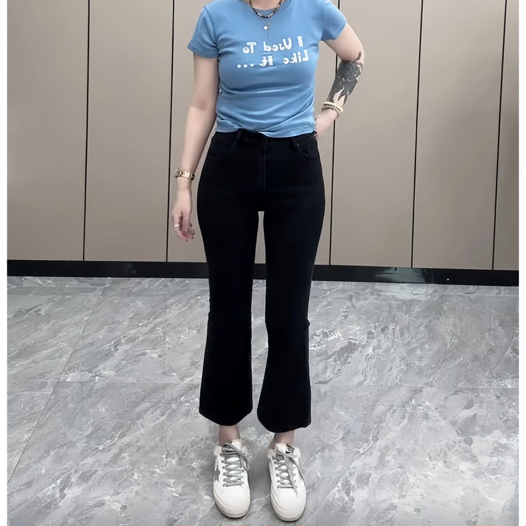 飞芊娅春夏季新款高腰显瘦牛仔裤女胖MM时尚百搭小个子八分微喇裤