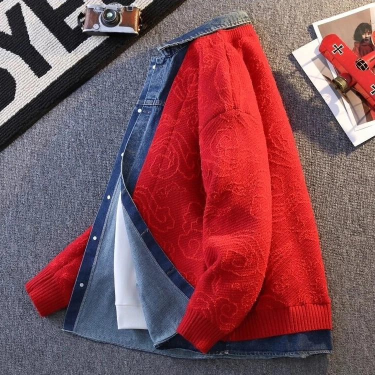 时髦帅气个性假两件开衫秋冬衬衫领拼接外套国潮本命年红色毛衣男