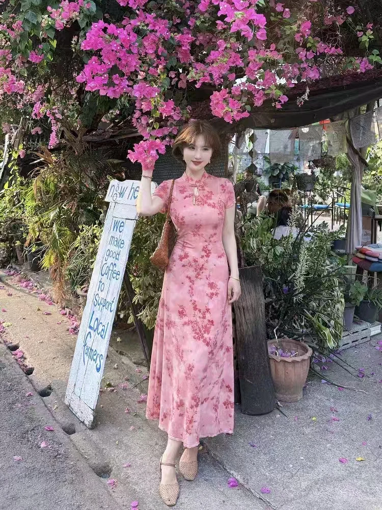 大码胖MM新中式改良短袖旗袍+吊带两件套连衣裙