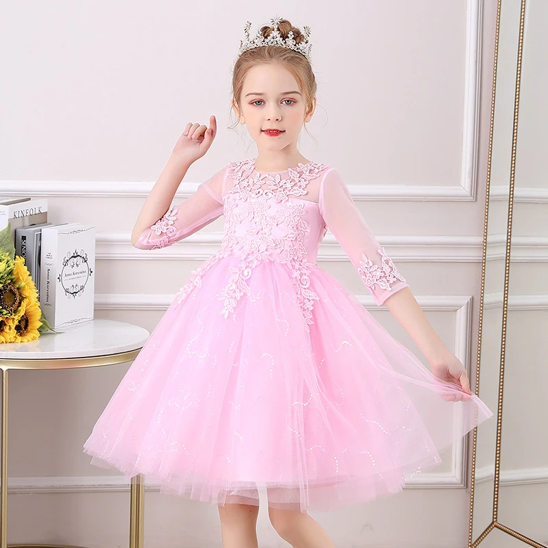 夏季短款公主美少女婚礼礼服裙子蓬蓬网纱短袖连衣裙中大童表演服
