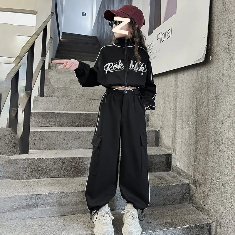 女童秋装长袖刺绣外套长裤两件套2025新款中大童女孩韩版运动套装