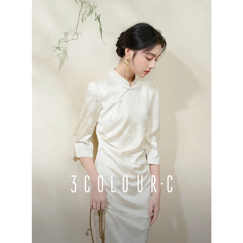 三彩【月白风清】2025春季新款新中式盘扣连衣裙改良版旗袍裙女C