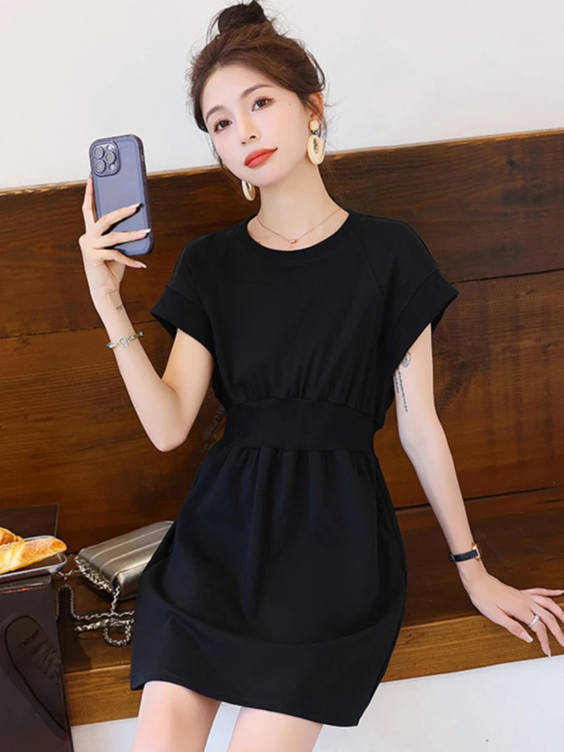 黑色连衣裙女夏季小个子中长款韩版后妈裙2025新款爆款针织t恤裙