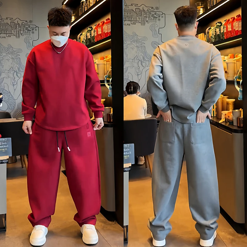 冬季新款刺绣加绒休闲运动套装男士潮流百搭圆领卫衣直筒裤两件套