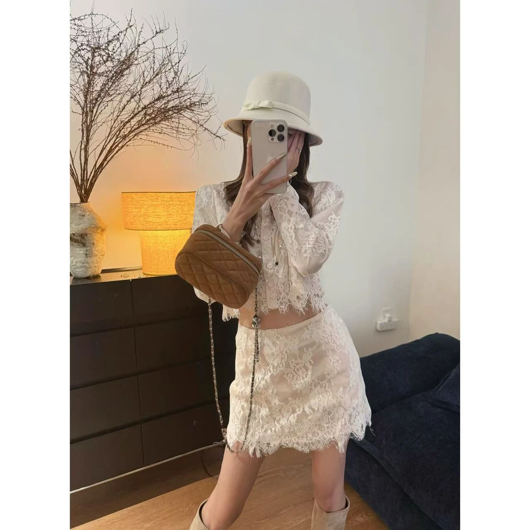 【斯嘉丽】小香风套装miu系重工蕾丝短外套开衫上衣半身裙两件套