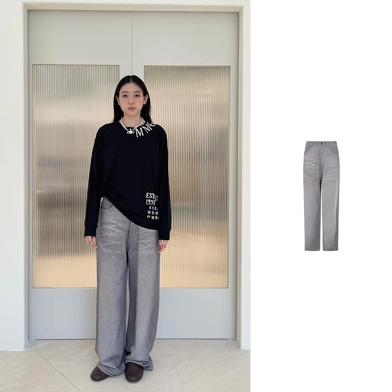 未使用 Acne studio 灰色中腰阔腿印染水洗休闲裤 AK0901-990