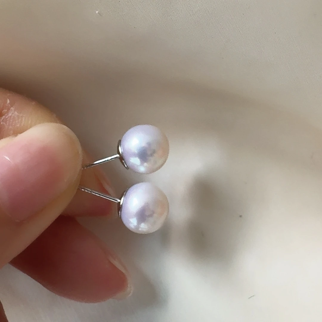 银S925镶嵌淡水珍珠耳饰8-9mm素钉