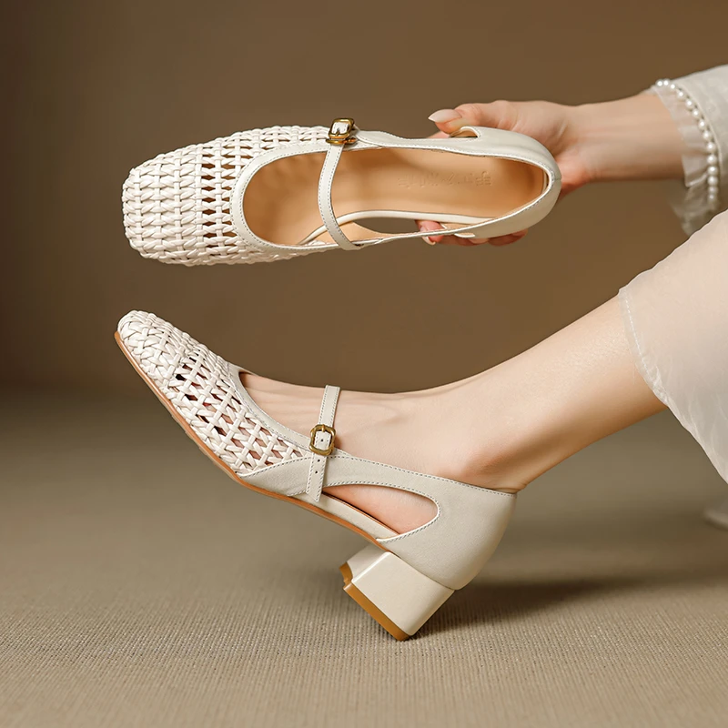 镂空透气手工编织玛丽珍浅口单鞋女新款方头洋气夏透气凉鞋女粗跟
