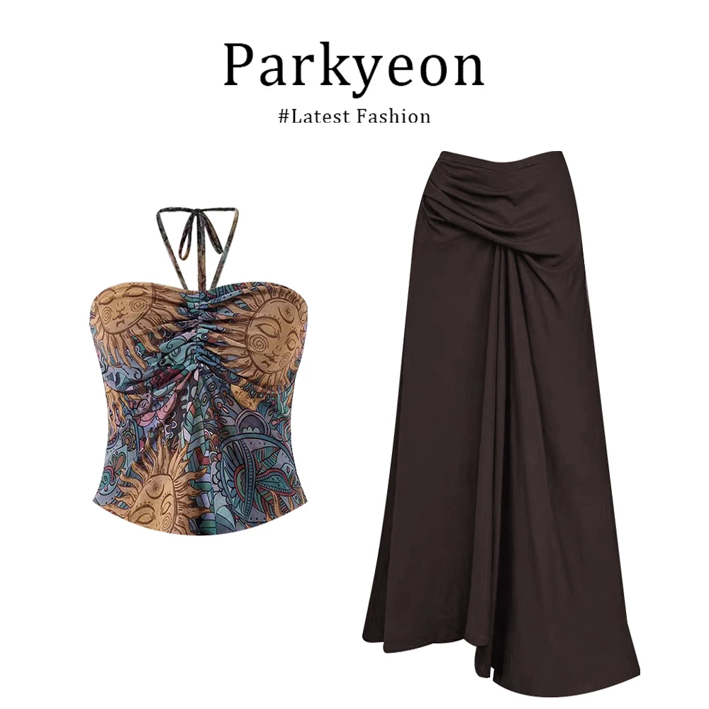 parkyeon美式复古辣妹太阳花印花挂脖吊带背心高腰显瘦半身裙套装