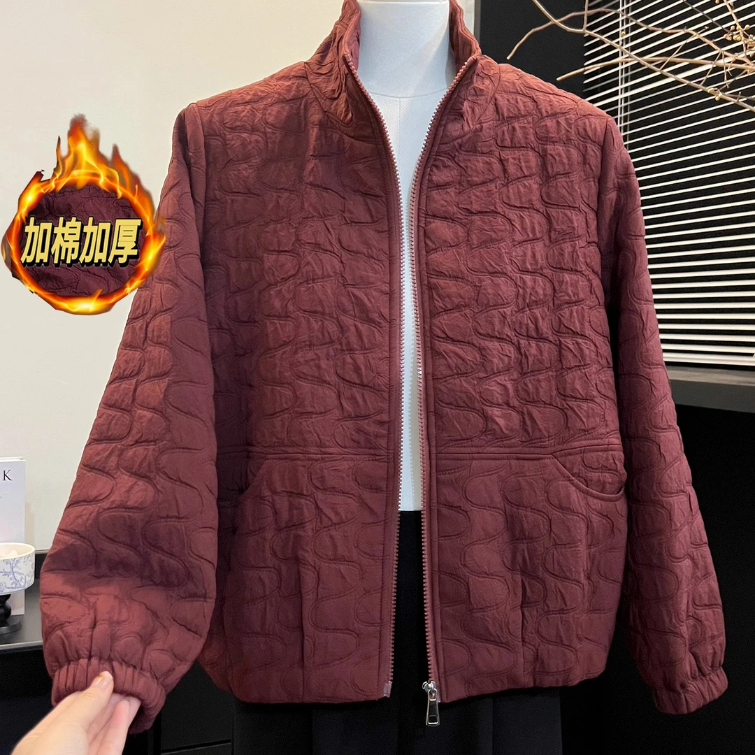 妈妈安哥拉红立领棒球服外套2025秋季新款中老年夹棉加厚夹克上衣